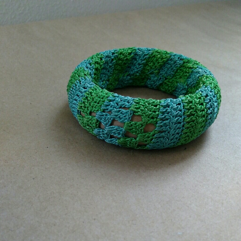 Boho Green & Turquoise Striped Crochet Bangle